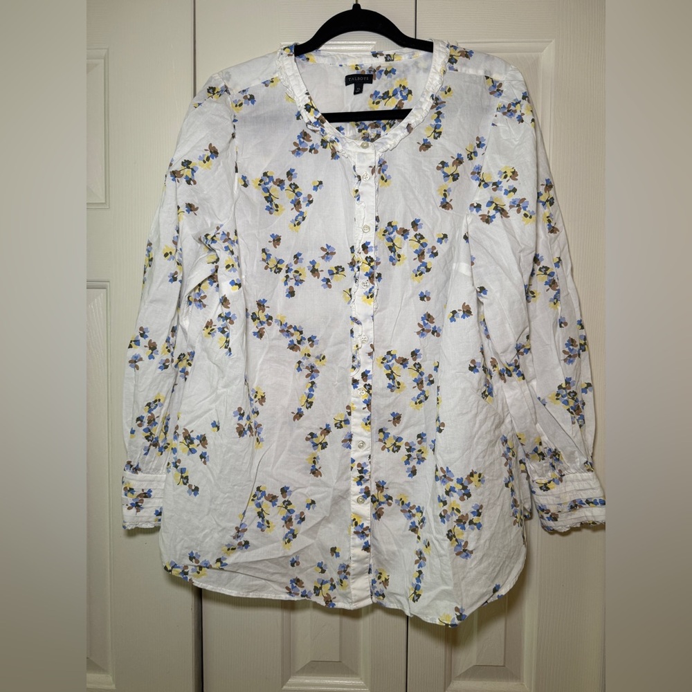 Talbots Floral Print Blouse with Blue and Yellow Accents